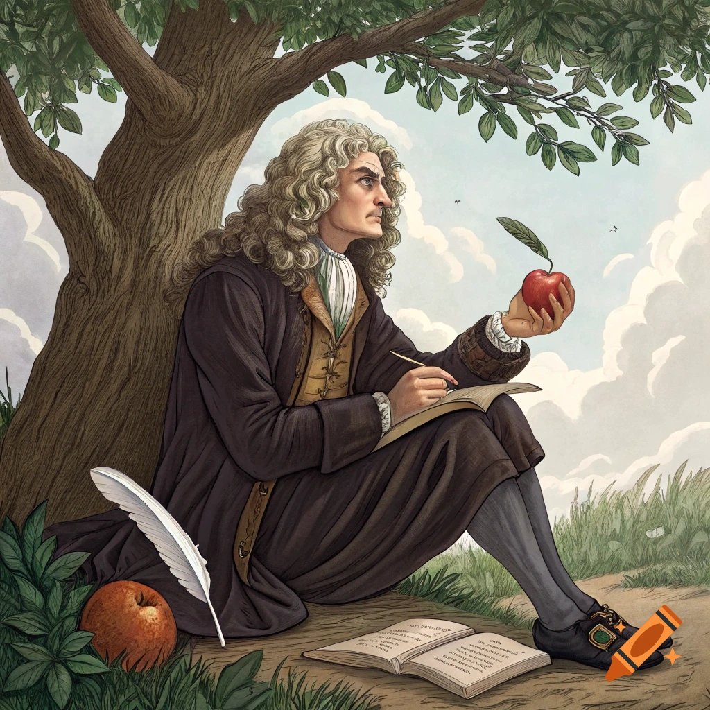 Illustration of Isaac Newton sitting under an apple tree, holding an apple and writing in a book.