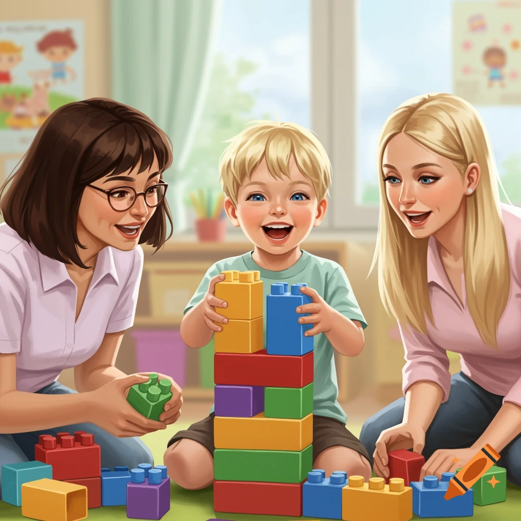 A boy and two women playing with colorful building blocks in a classroom.