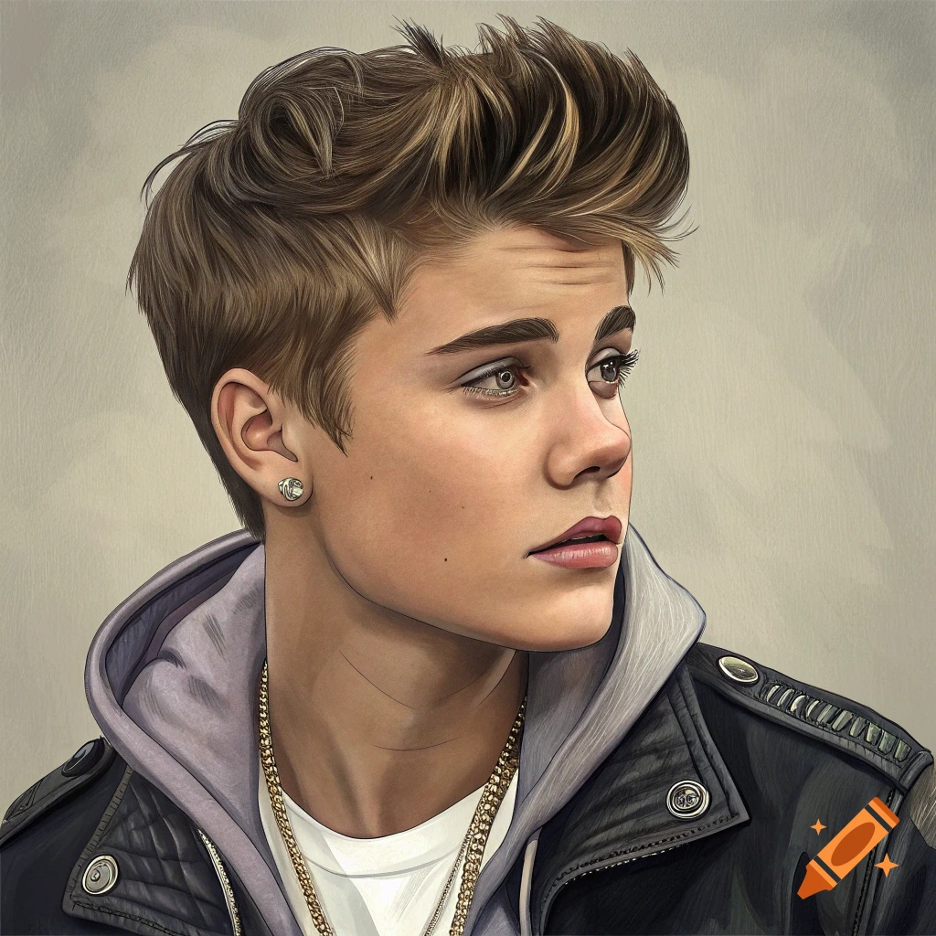 Stylized portrait of a young man with gold chains wearing a hoodie and leather jacket, looking away.