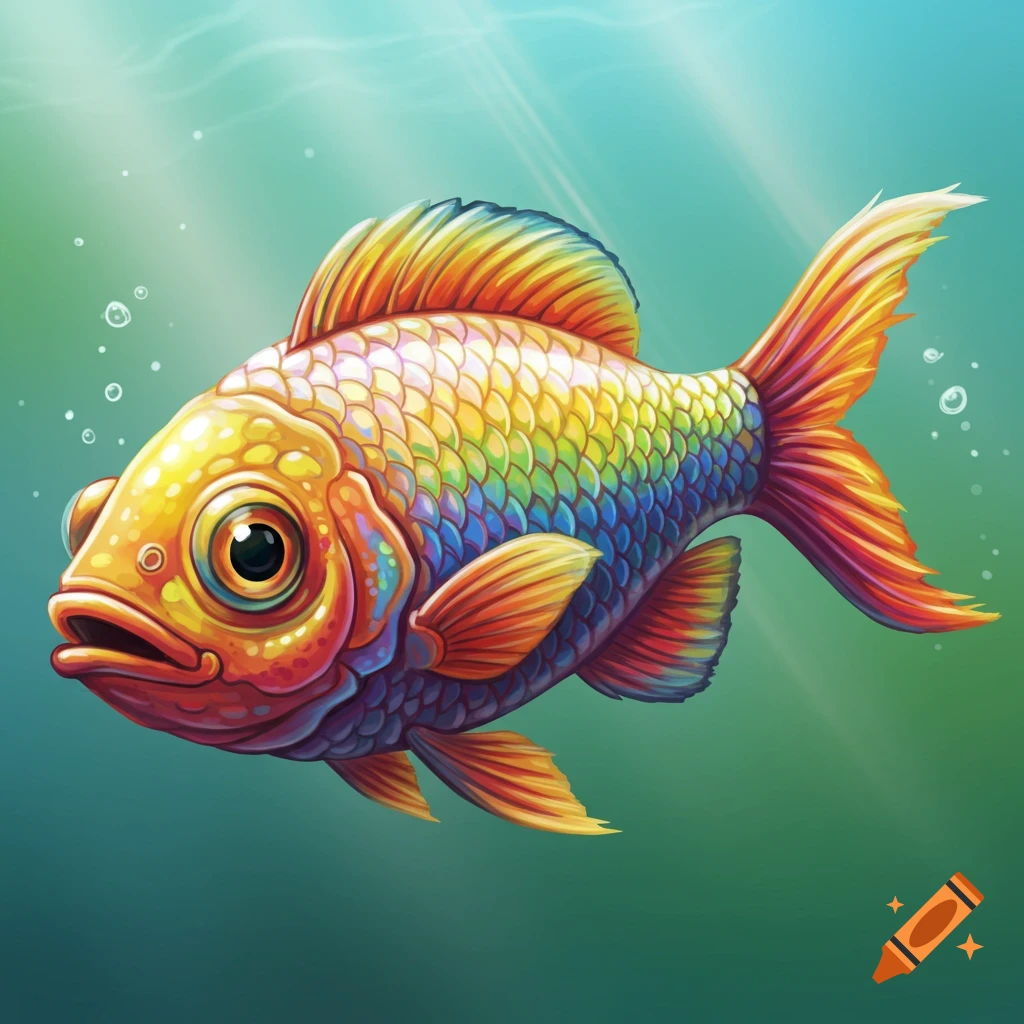 A vibrant, rainbow-colored fish swimming in stylized water, digital art.