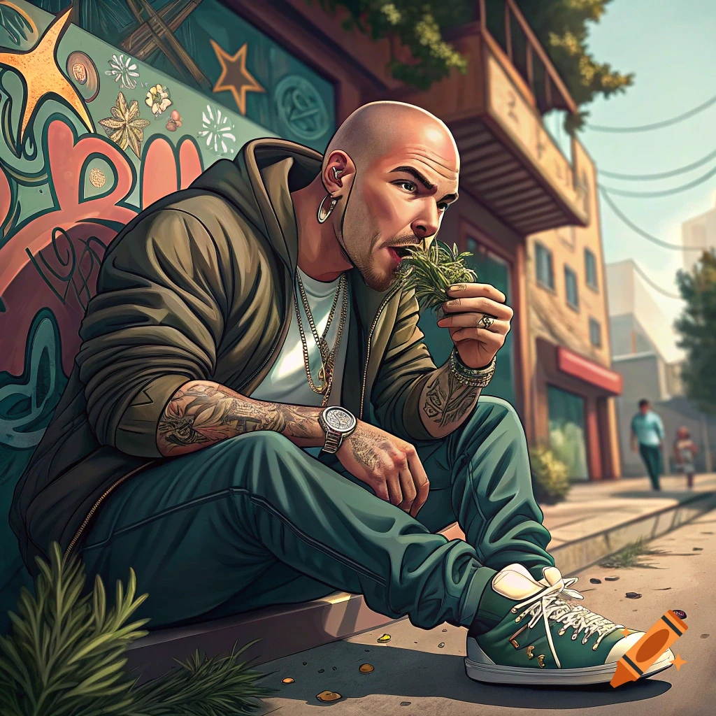 A bald man with tattoos and a beard sits on a curb in an urban setting, eating a bunch of greenery in front of a graffiti wall.