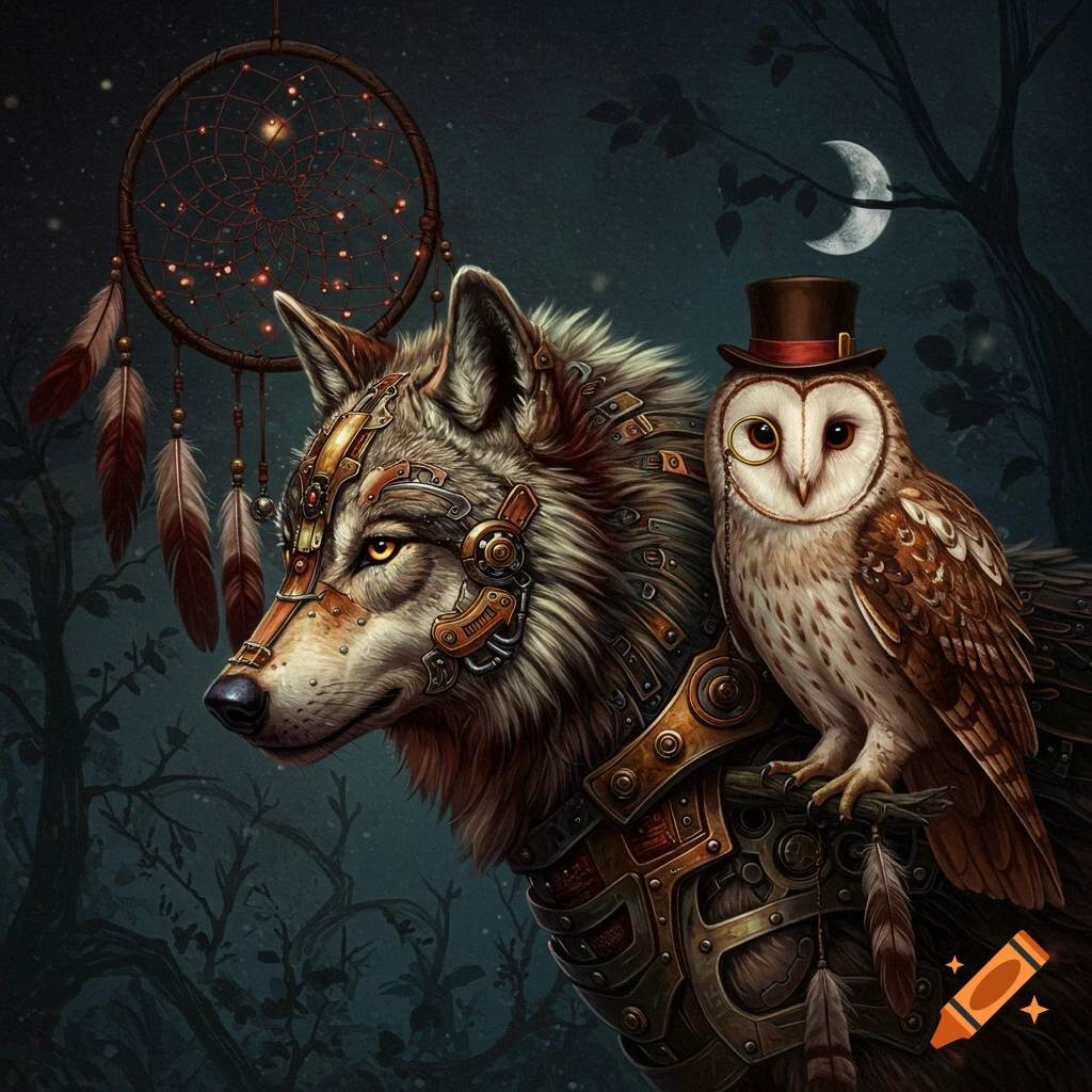 A detailed steampunk wolf and an owl in a top hat and monocle, with a dreamcatcher behind them at night.