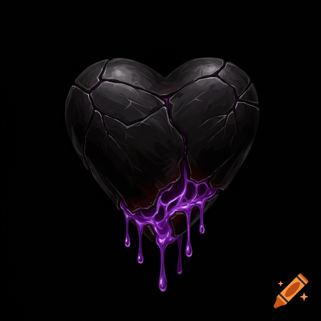 A black cracked heart with purple liquid seeping out.