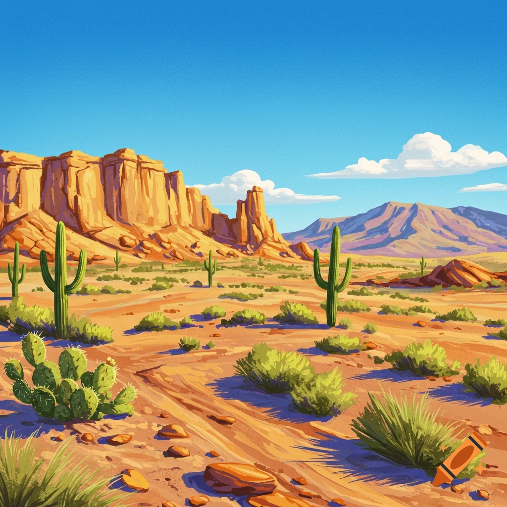 A desert landscape with mesas, mountains, cacti, and bushes under a blue sky.