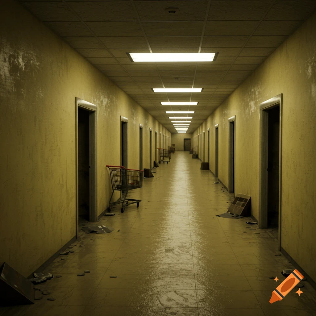 A long, empty, yellow-walled hallway is lit by fluorescent lights, and features doors and shopping carts.