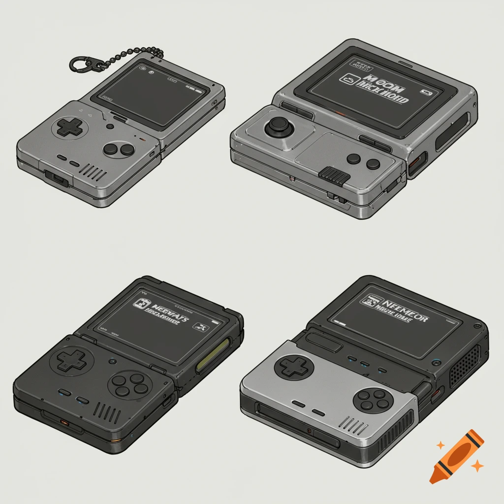Illustration of four different futuristic retro handheld gaming consoles on a white background.