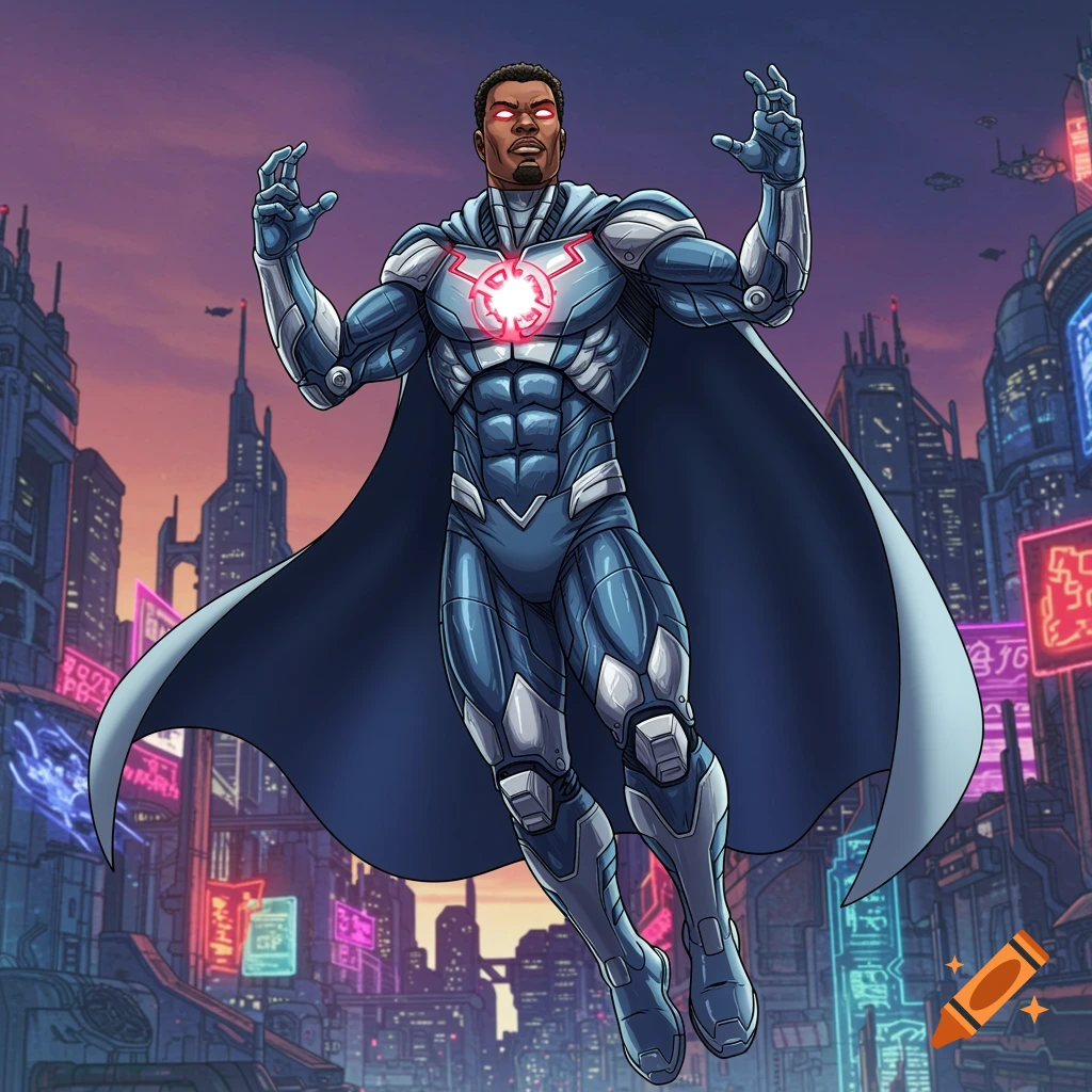 Muscular dark-skinned superhero in blue and silver suit flying over futuristic cityscape, comic book style.