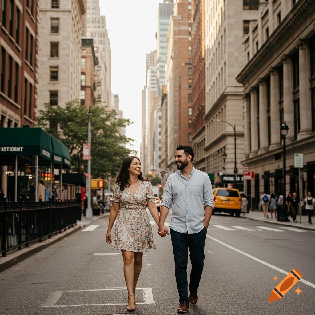 A couple walks hand in hand down a city street lined with tall buildings.