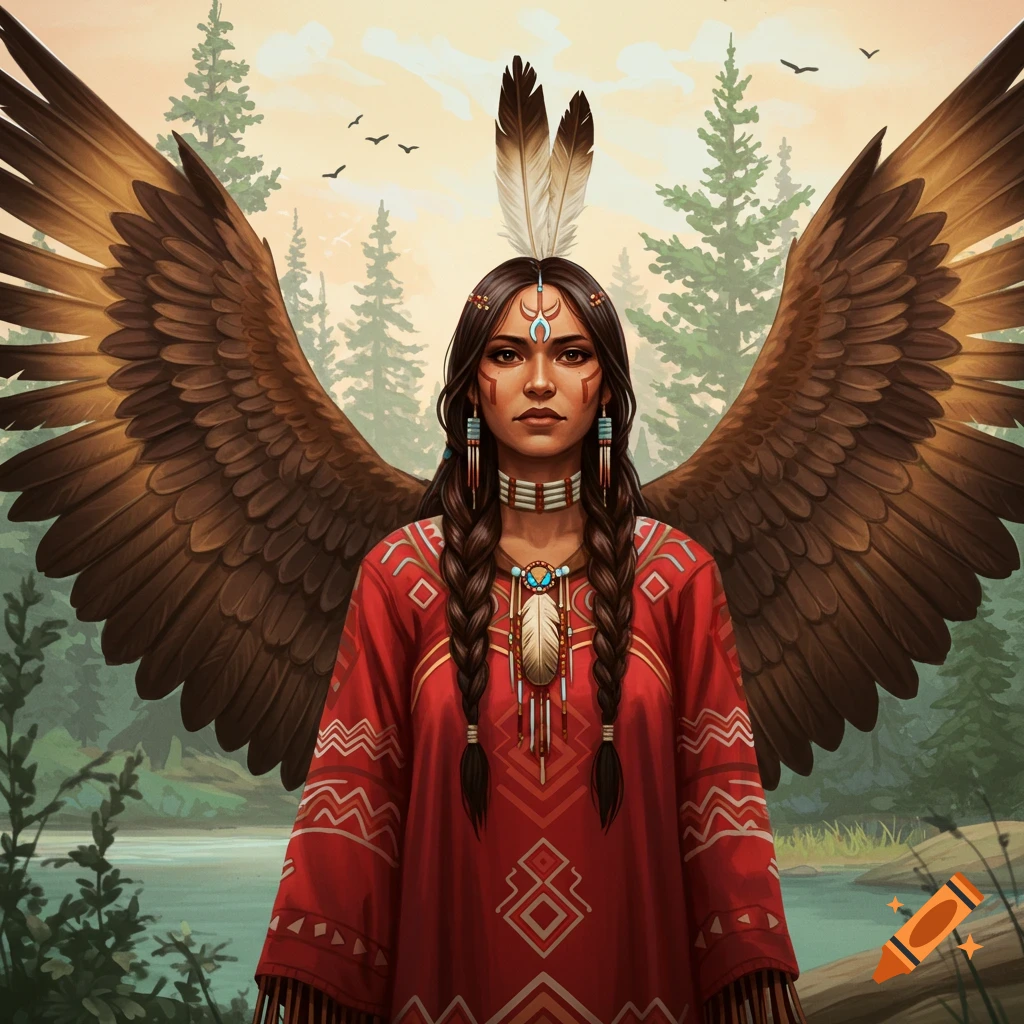 A woman with large eagle wings is standing in a forest