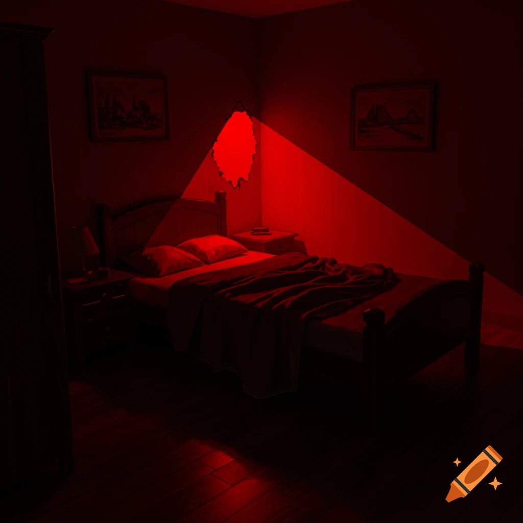 A dark bedroom with a bed is lit by a red beam from a hole in the wall.
