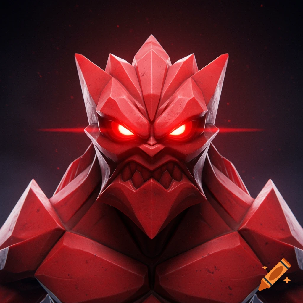 A red monster character made of geometric crystal shapes, with glowing red eyes. 3D illustration.