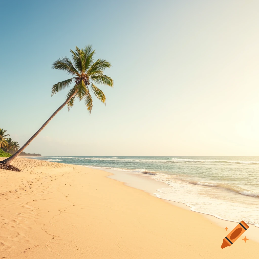 Palm tree leaning over a sandy beach with ocean waves.