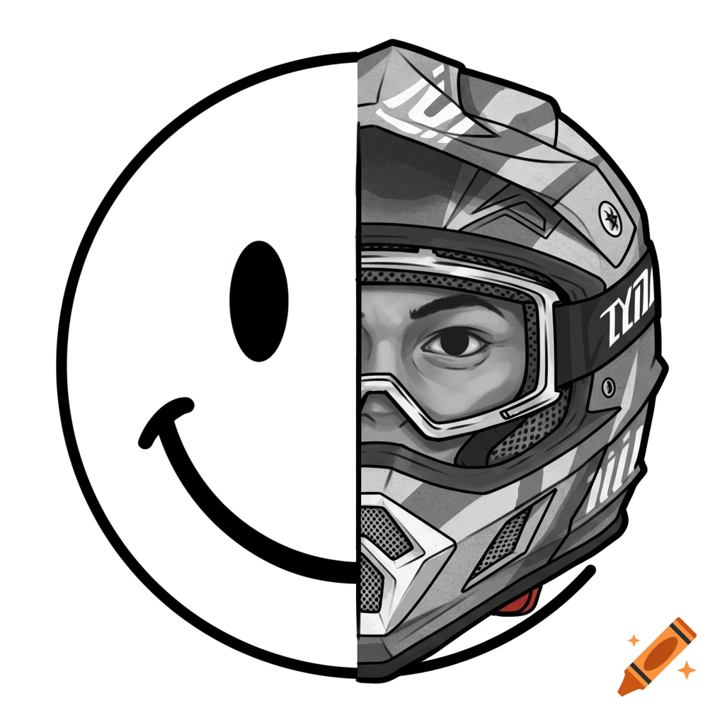 Illustration of a face split between a smiley and a dirt bike helmet, black and white.