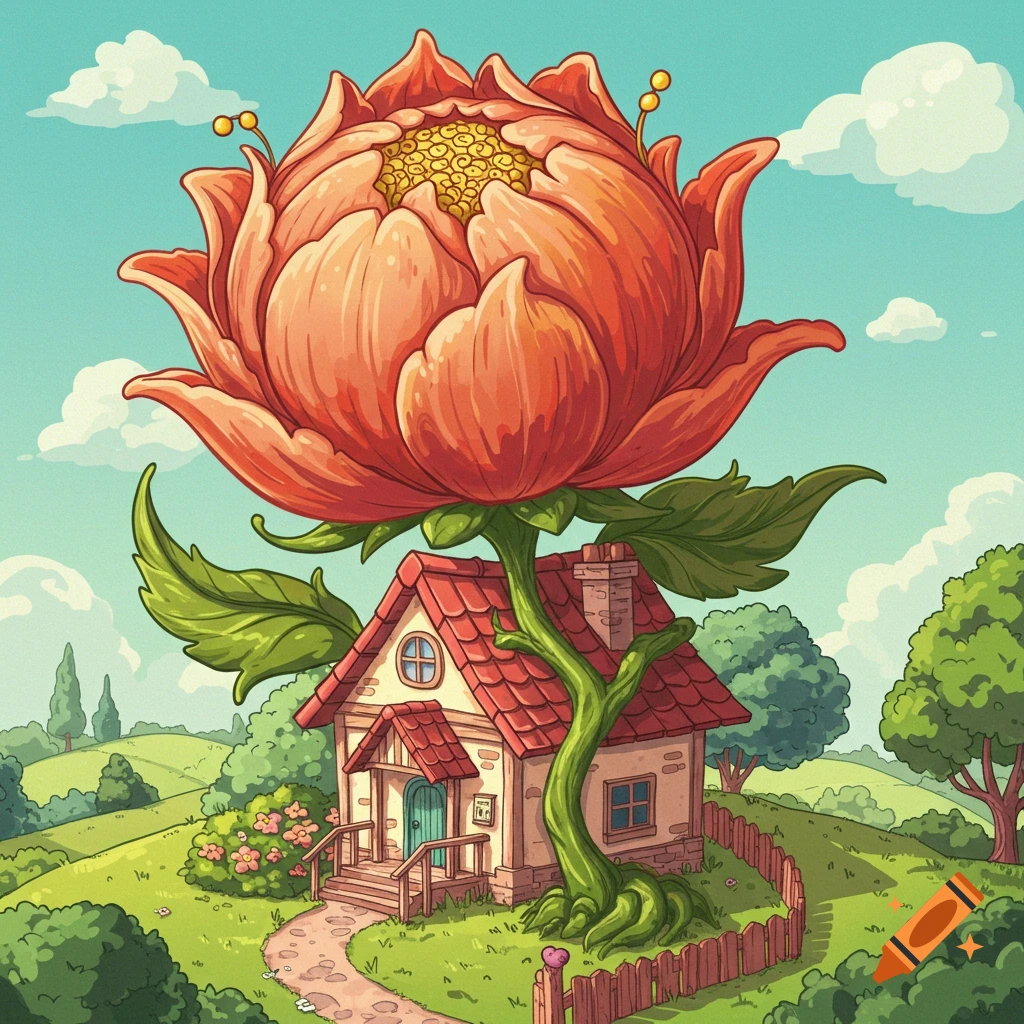 A whimsical illustration of a giant orange flower blooming from the roof of a small house in a green landscape.