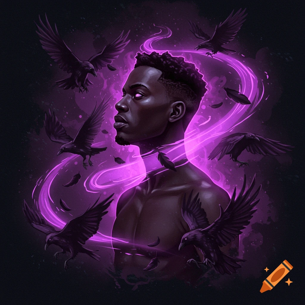 A man surrounded by flying ravens and a purple aura