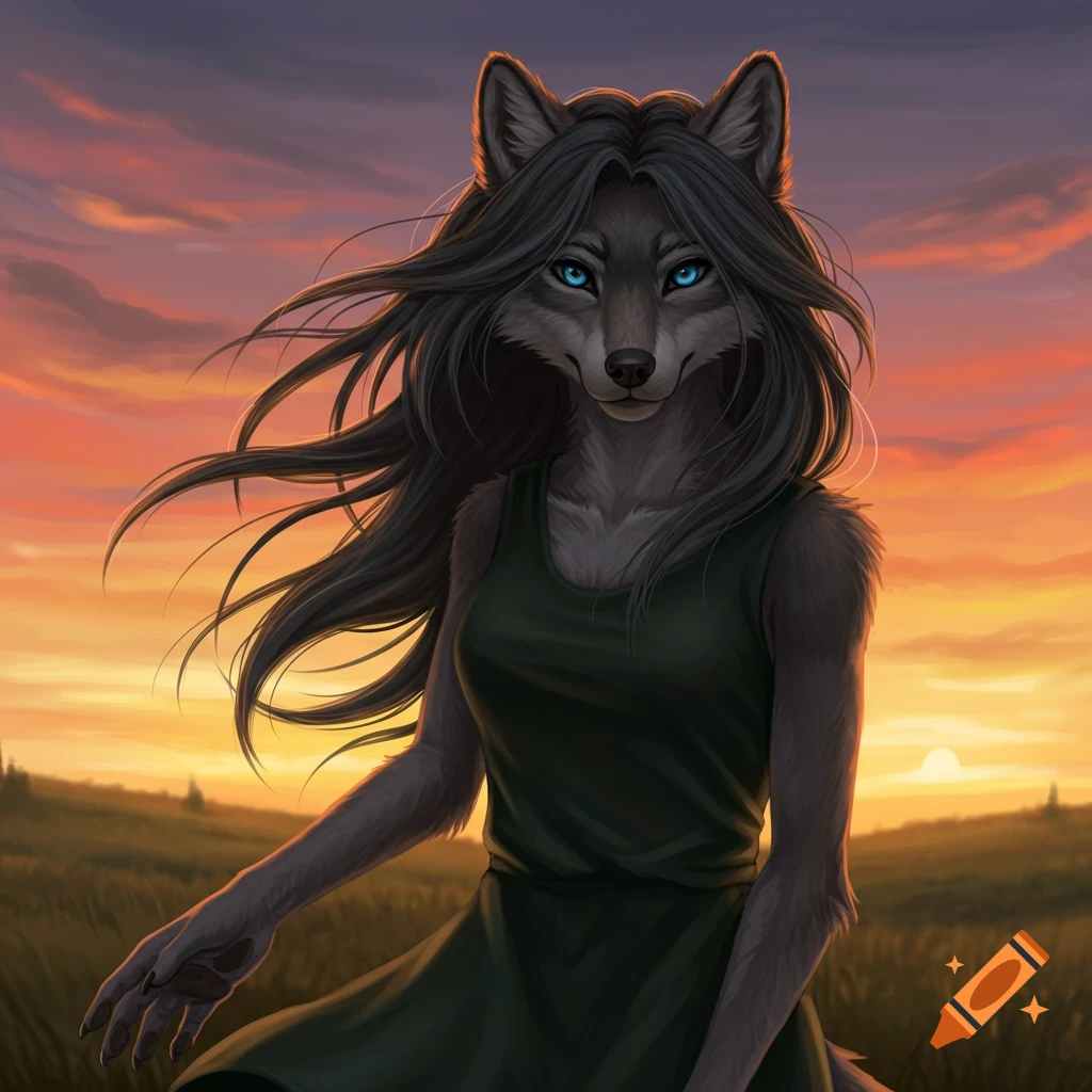 Anthropomorphic female wolf with blue eyes and dark hair in a green dress, standing in a field at sunset.