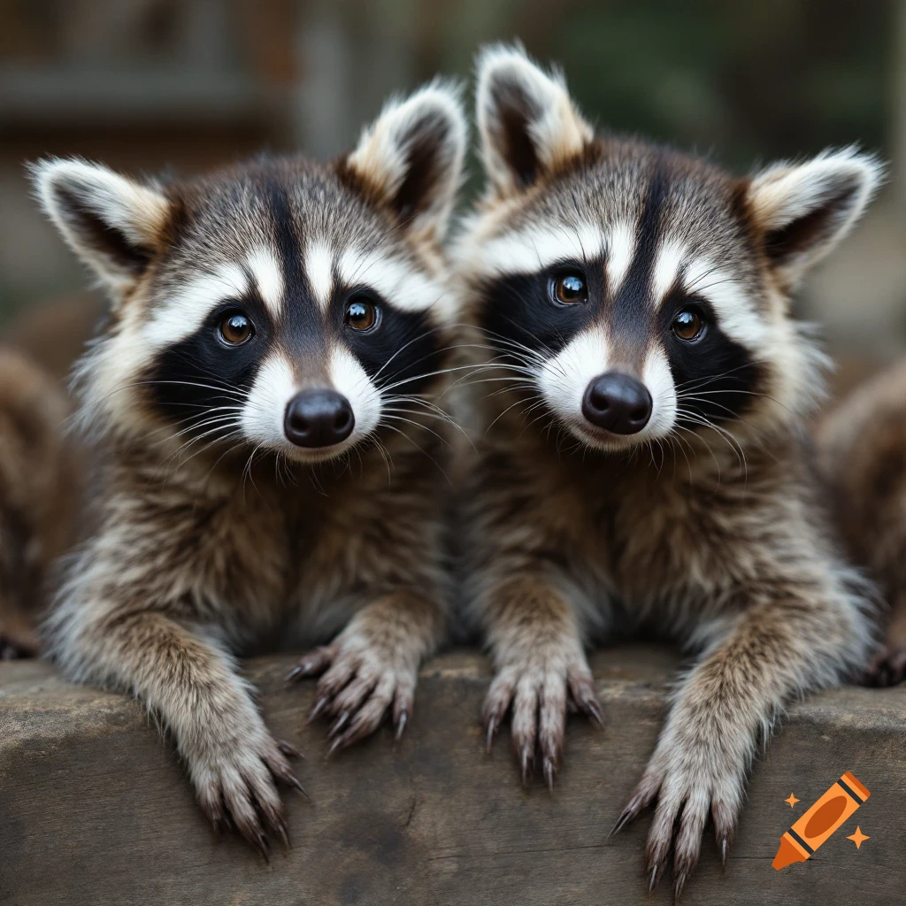 Two raccoons looking directly at the camera, resting their paws on wood.