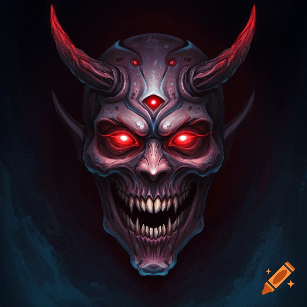 A macabre mask with glowing red eyes and sharp teeth in a dark style.