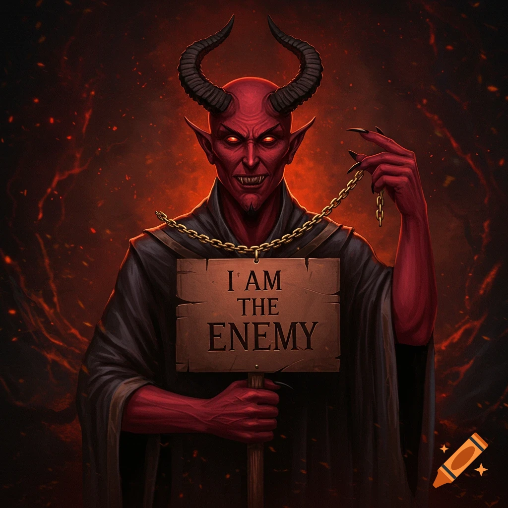 A red-skinned demon with horns holding a sign that says 'I AM THE ENEMY'.