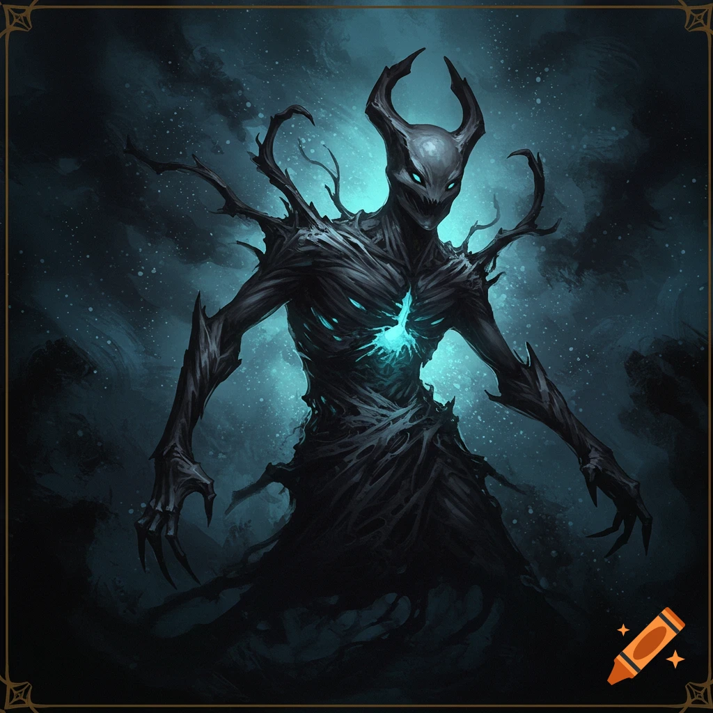 A dark, shadowy creature with horns, clawed hands, and a glowing blue chest and eyes against a dark sky.