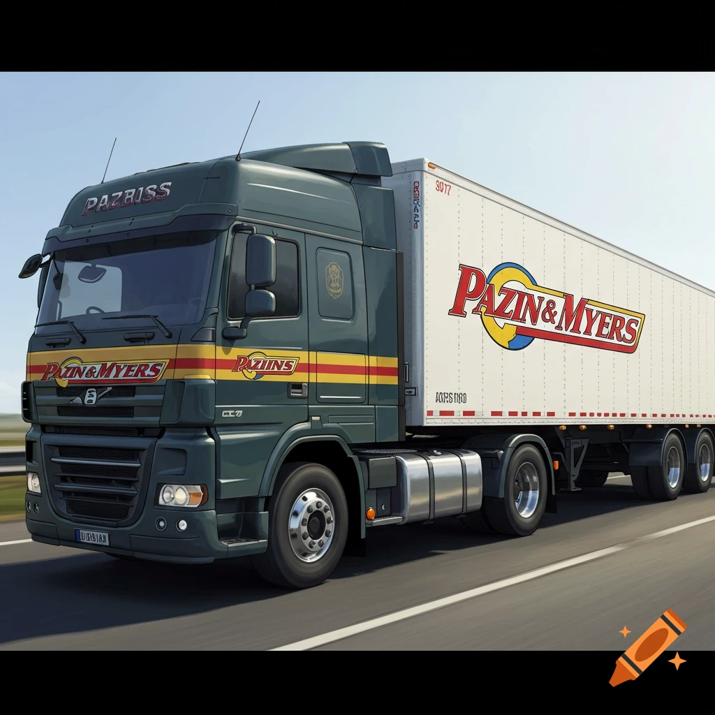 A semi-truck with the "Pazin & Myers" logo on its side driving on a highway.