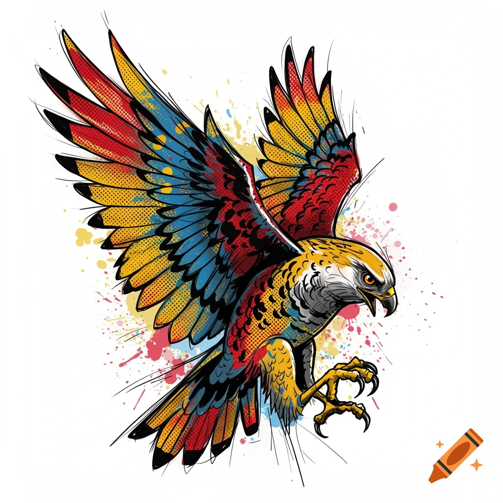 Colorful trash polka style illustration of a hawk in mid-flight with outstretched wings.