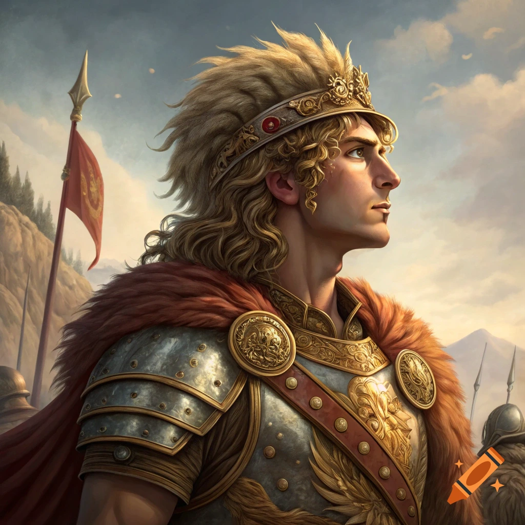 Portrait of a man in ancient armor and a crown, looking into the distance with a flag and soldiers in the background.
