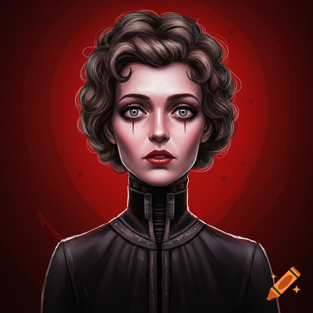 Portrait of a woman with dramatic eye makeup and dark clothing against a red background.