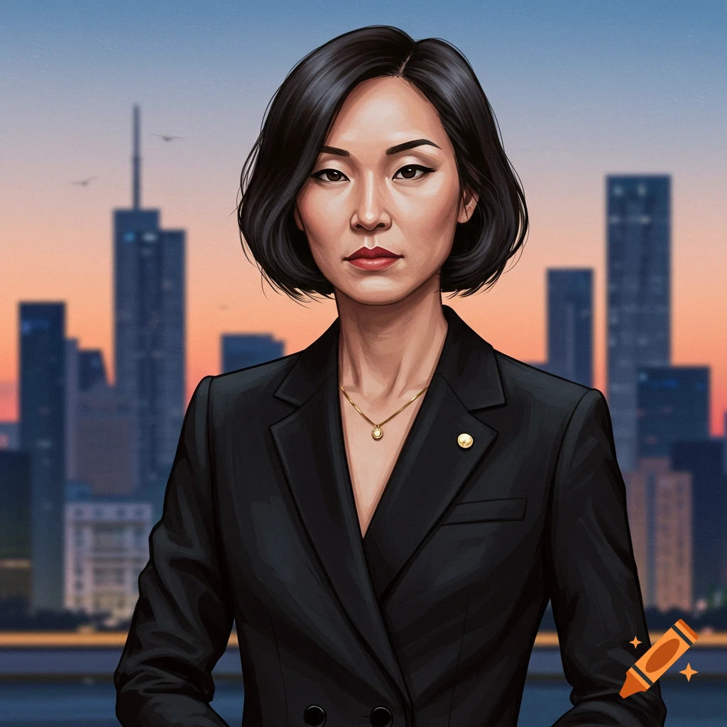 A woman in a black suit stands in front of a city skyline.