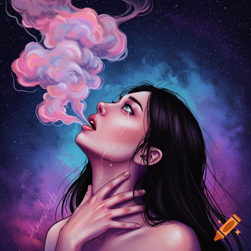 A crying woman exhaling colorful smoke against a starry sky, grasping her neck