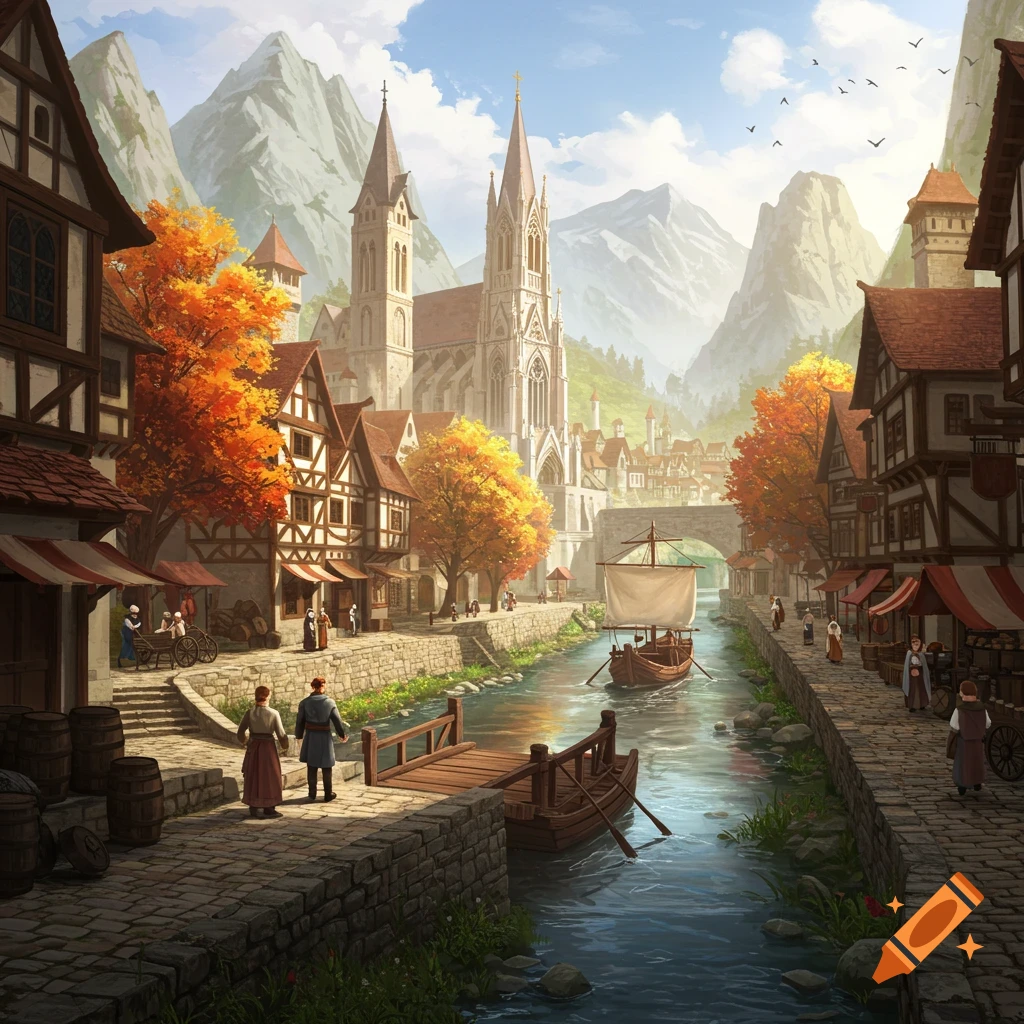 A medieval fantasy town with a river, boats, autumn trees, and mountains are depicted.