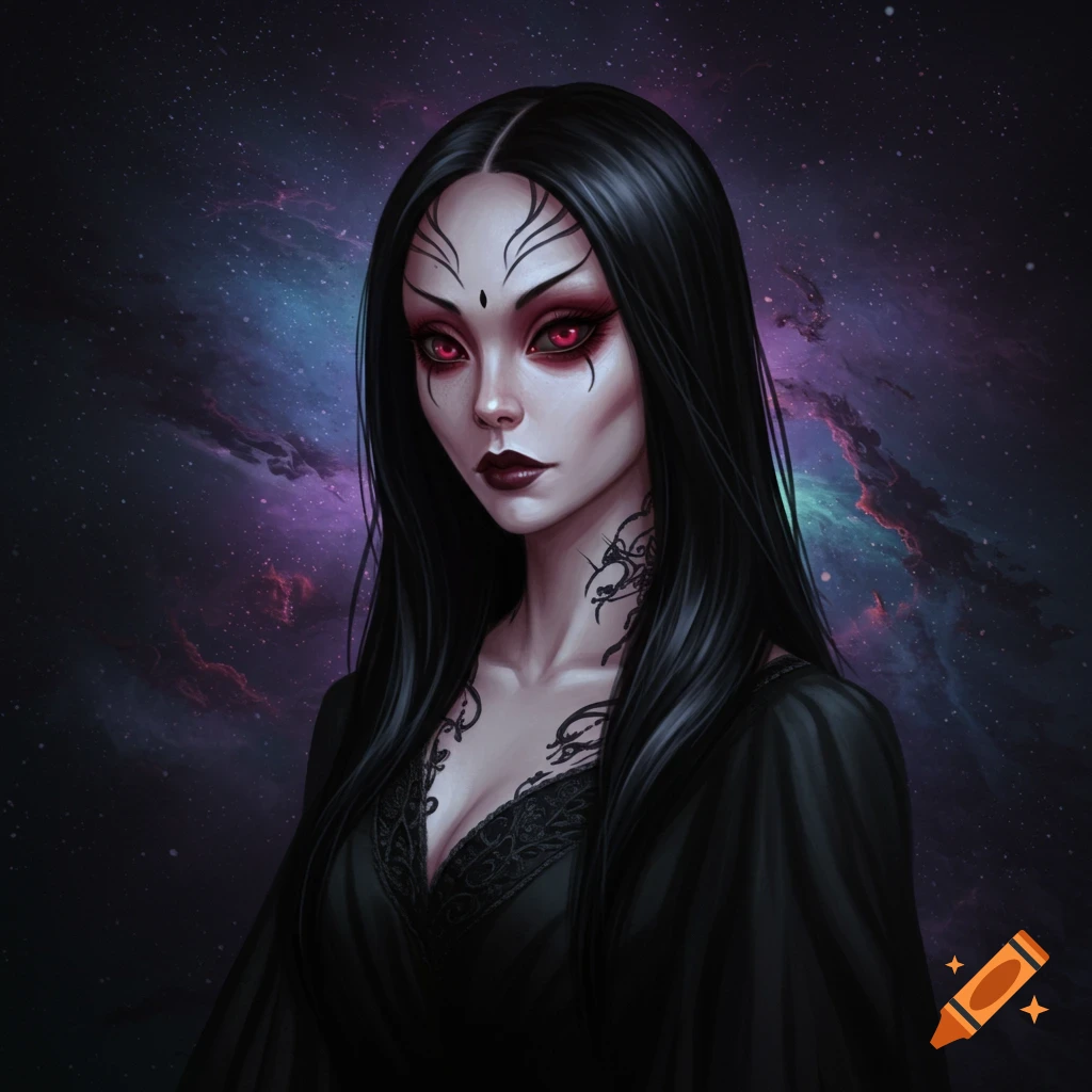 Woman with dark hair, red eyes, and face markings wearing a black dress against a starry space background.