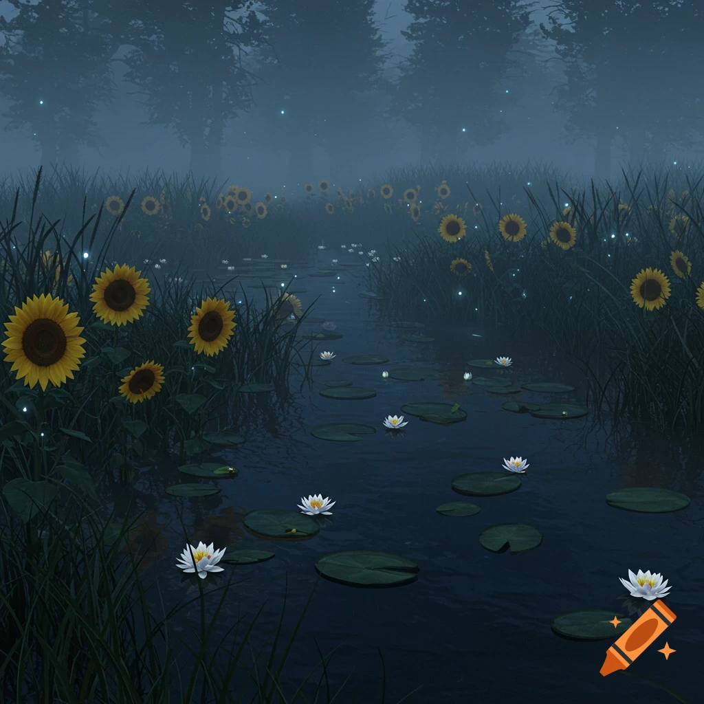 A misty swamp with sunflowers and water lilies at night.