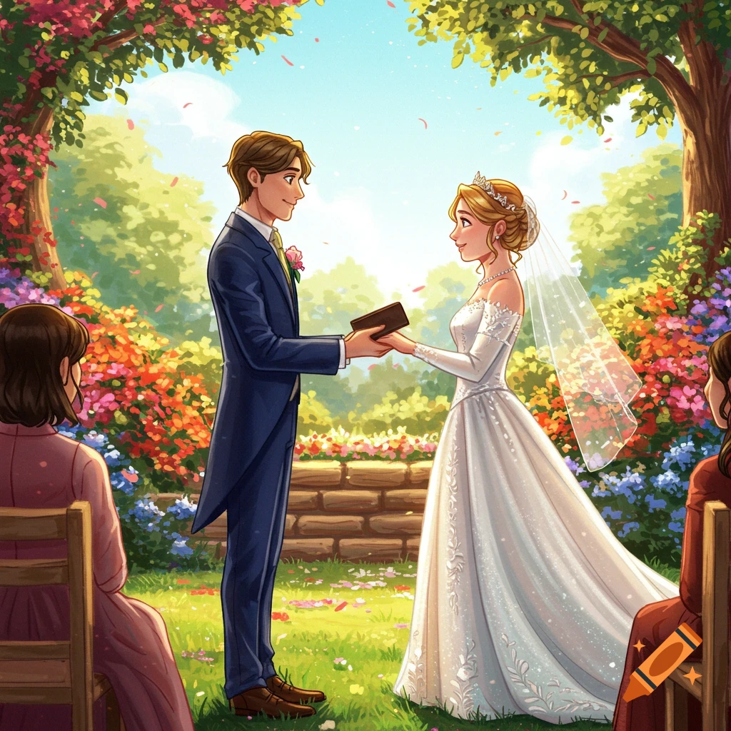 A wedding ceremony between a couple in a colorful garden.