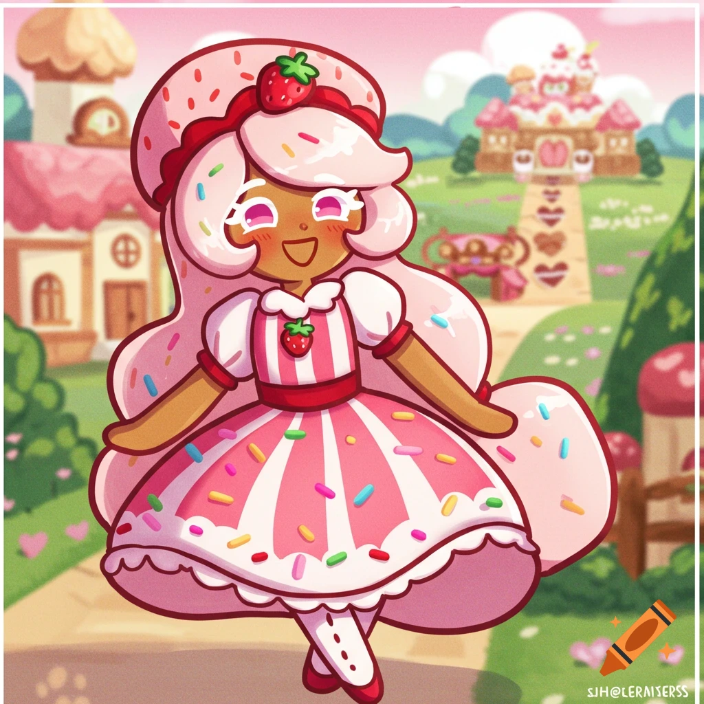Anime cartoon character in a pink dress with sprinkles in a candy landscape.