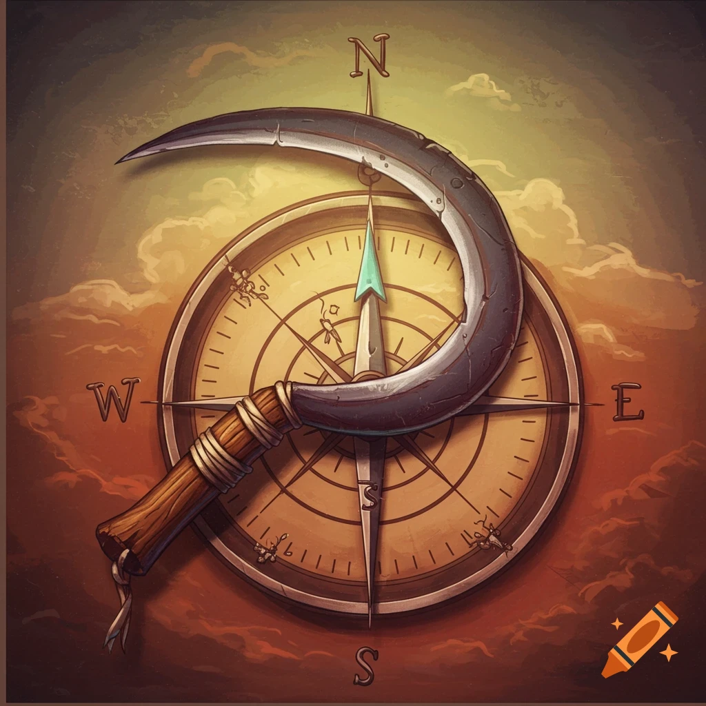 A sickle crossed over a compass under a cloudy sky.