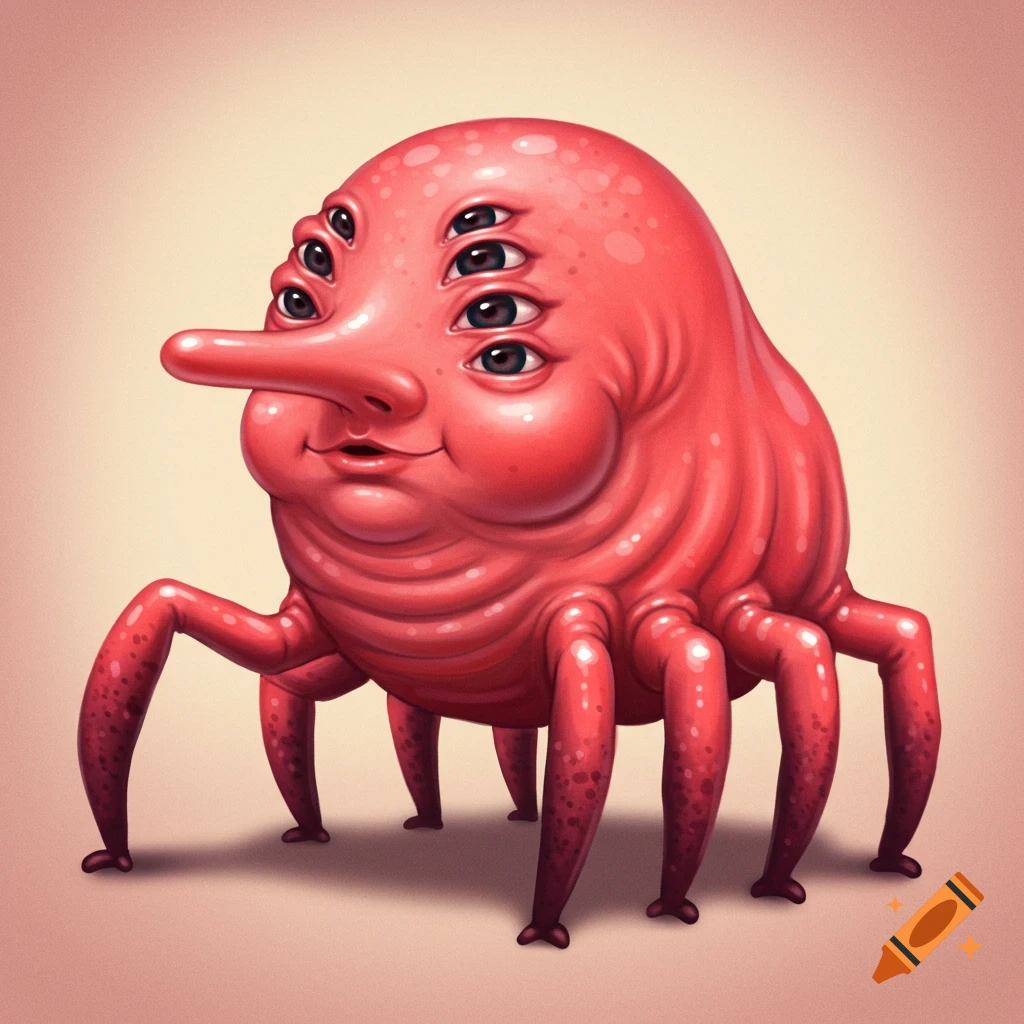 A cute red alien creature with a long nose, multiple eyes, and many legs.