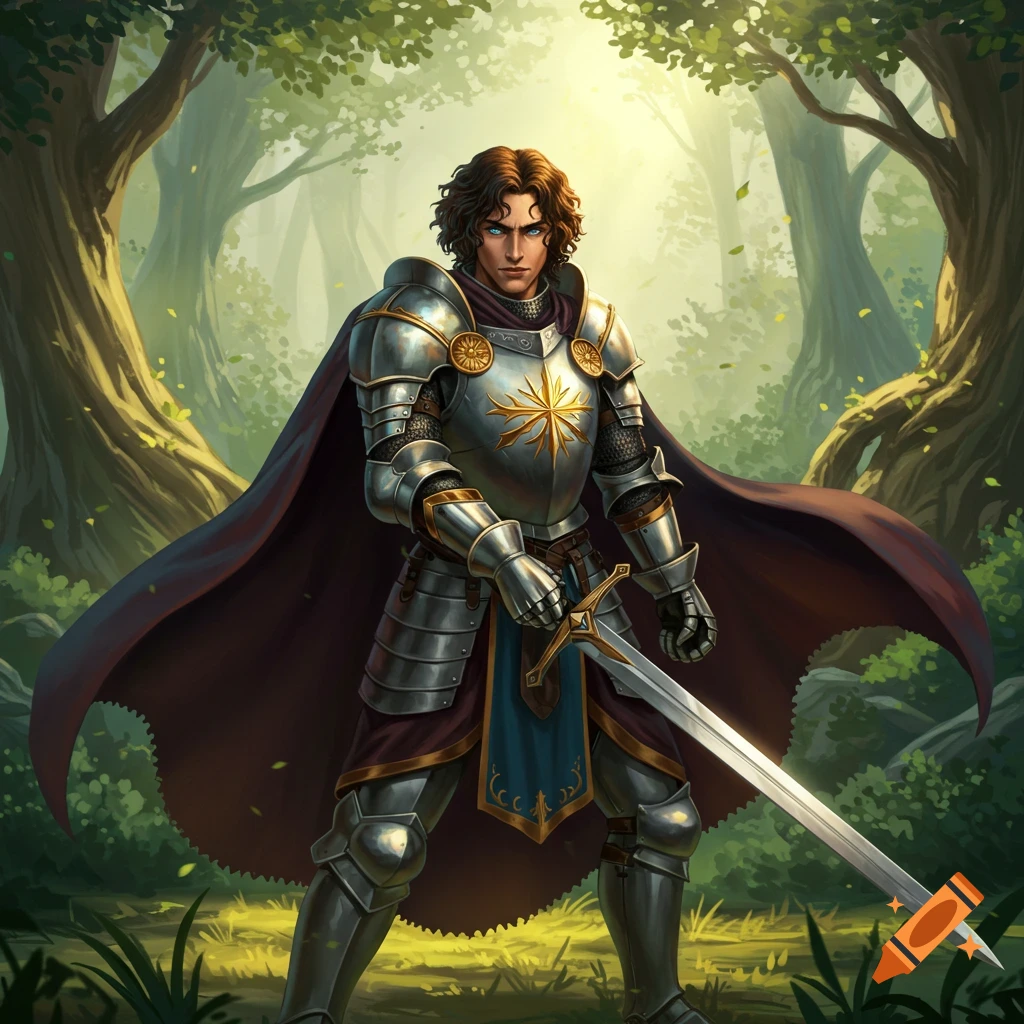 A knight in armor stands in a forest, holding a sword.