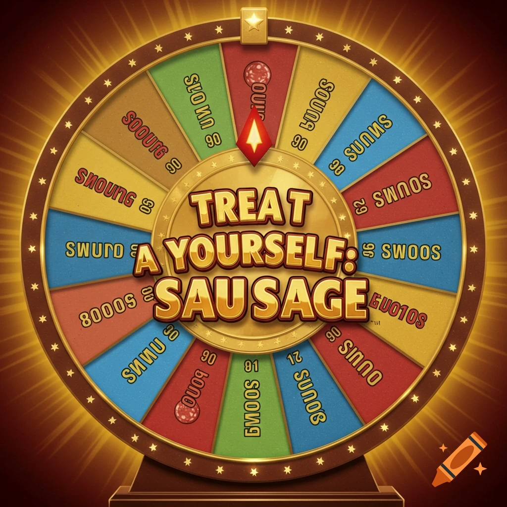 A colorful game show wheel graphic with text 'TREAT YOURSELF! SAUSAGE', segments with gibberish text/numbers, and sausage icons.