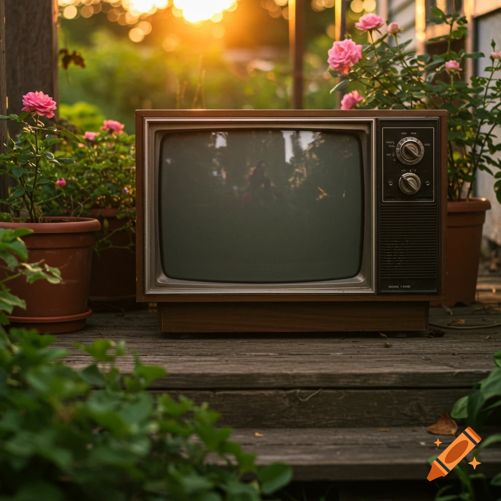 A vintage television set sits on a wooden porch step surrounded by potted plants with a sunset in the background.