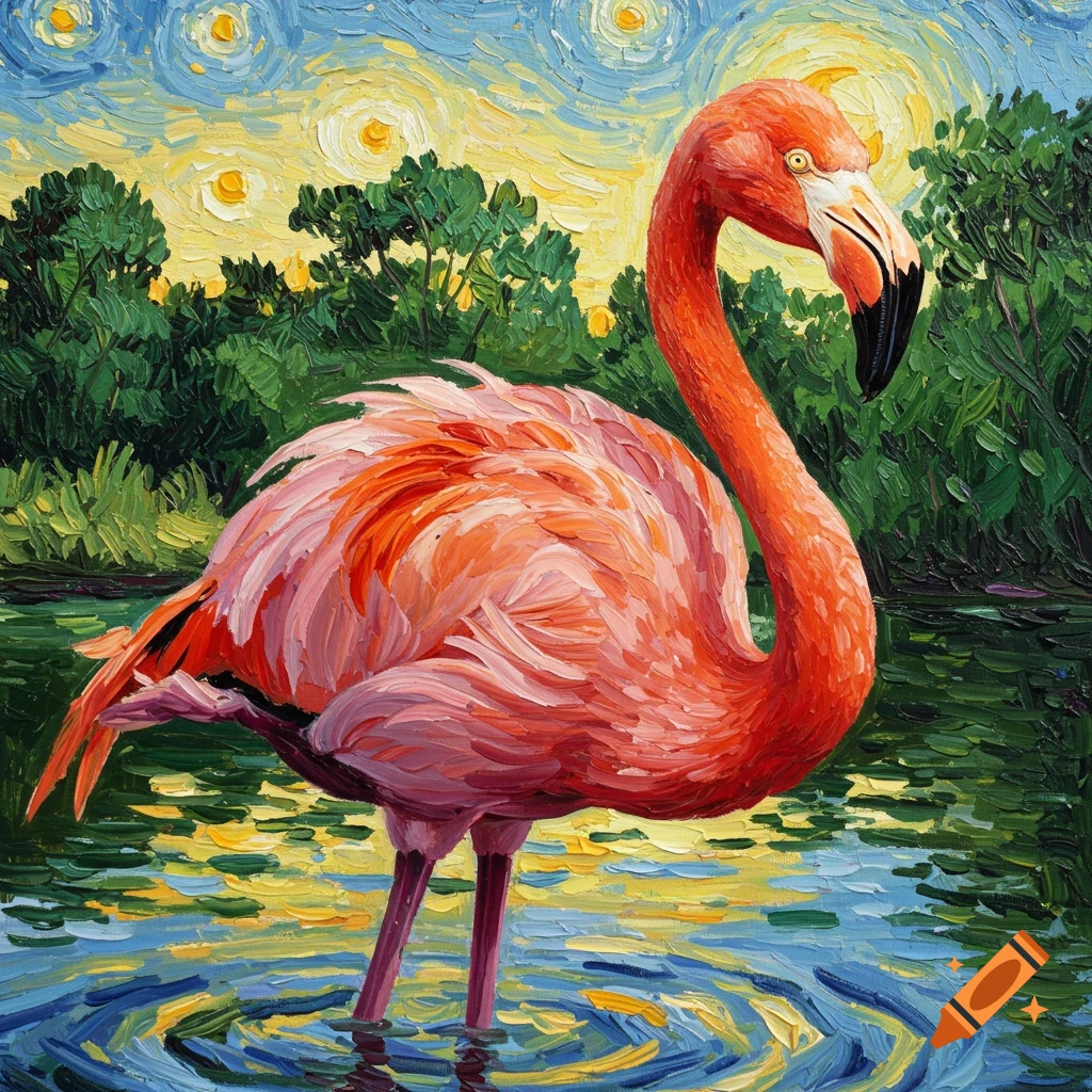 A flamingo stands in water, painted in the swirling, impasto style of Van Gogh.