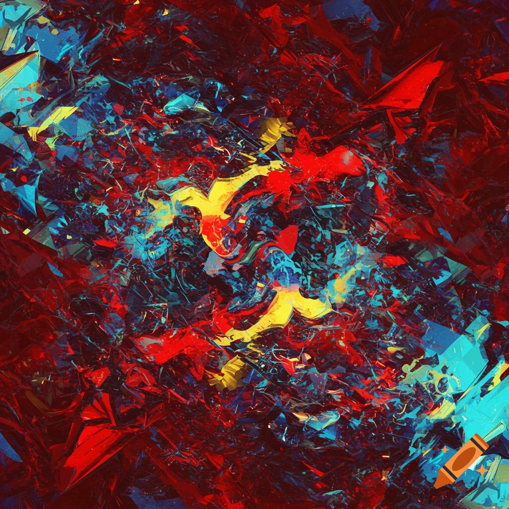Abstract artwork of fragmented shapes in red, blue, and yellow.