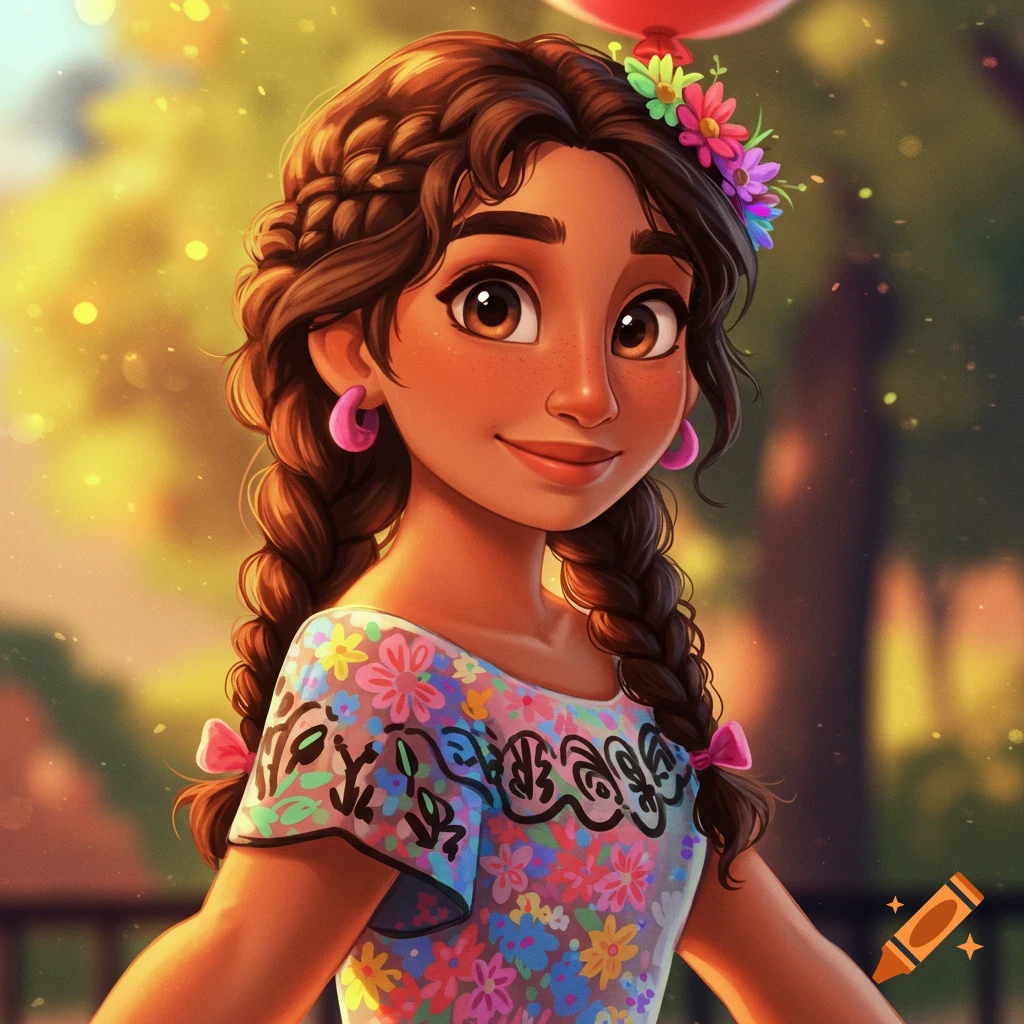 A smiling girl with braided hair and a colorful floral dress.