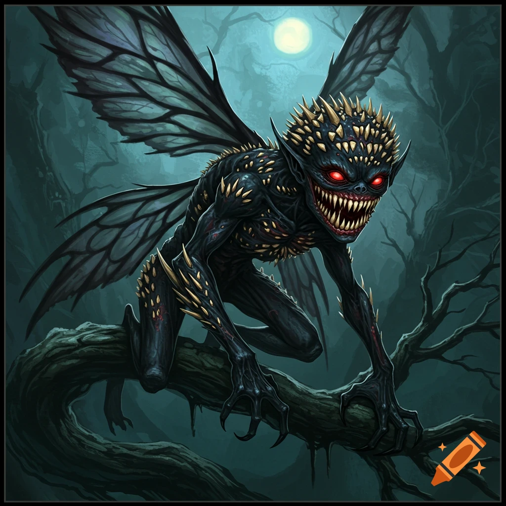 A scary, spiky black creature with insect wings and red eyes is perched on a tree branch in a dark forest.
