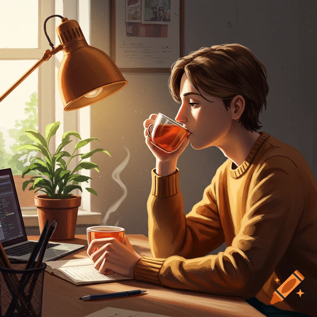 A person is drinking tea while working on a laptop at a desk.