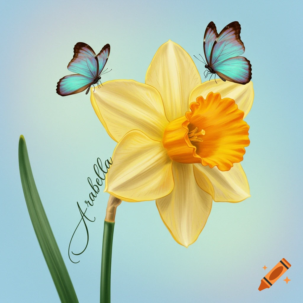 A yellow daffodil with Arabella written on the stem and two blue butterflies on a blue background.