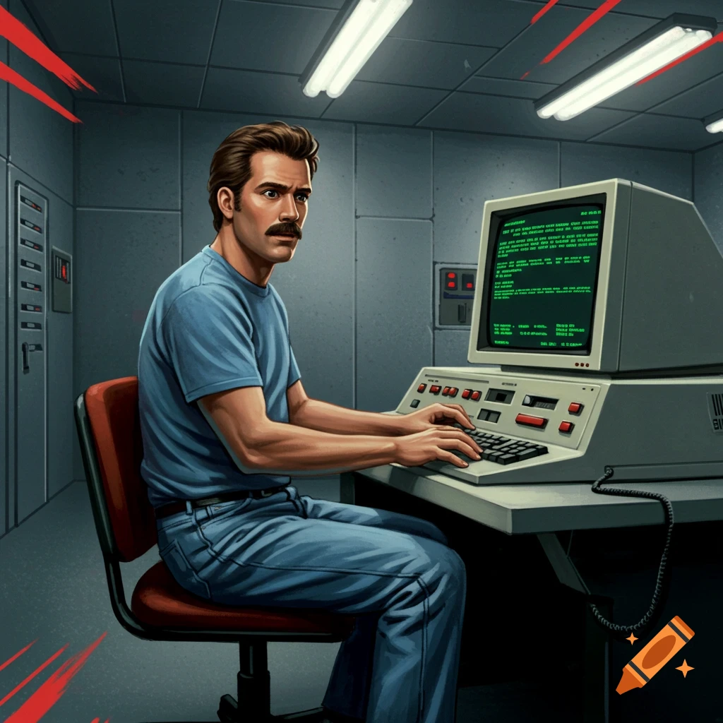 Man using an 80s computer terminal in a style resembling GI Joe package art.