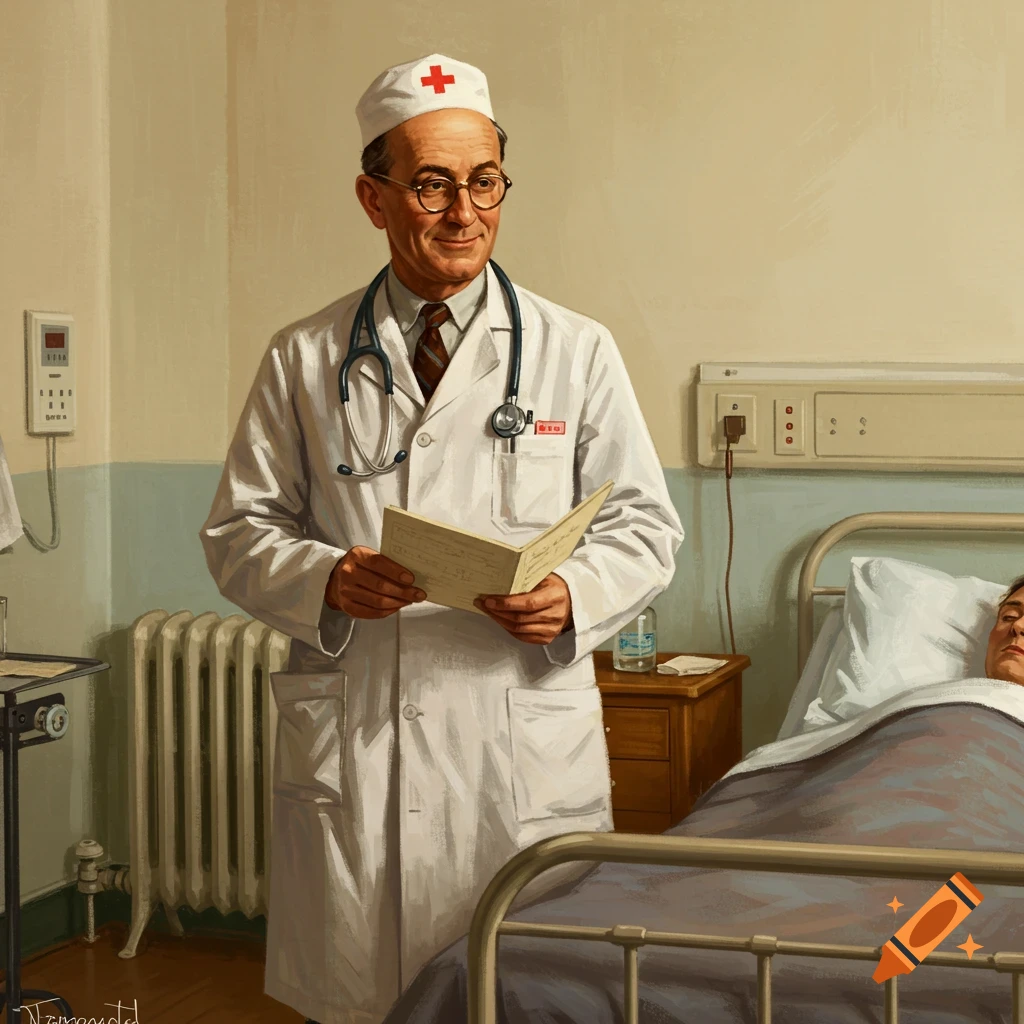 A doctor in a 1940s hospital room, standing by a patient's bed and holding a chart.