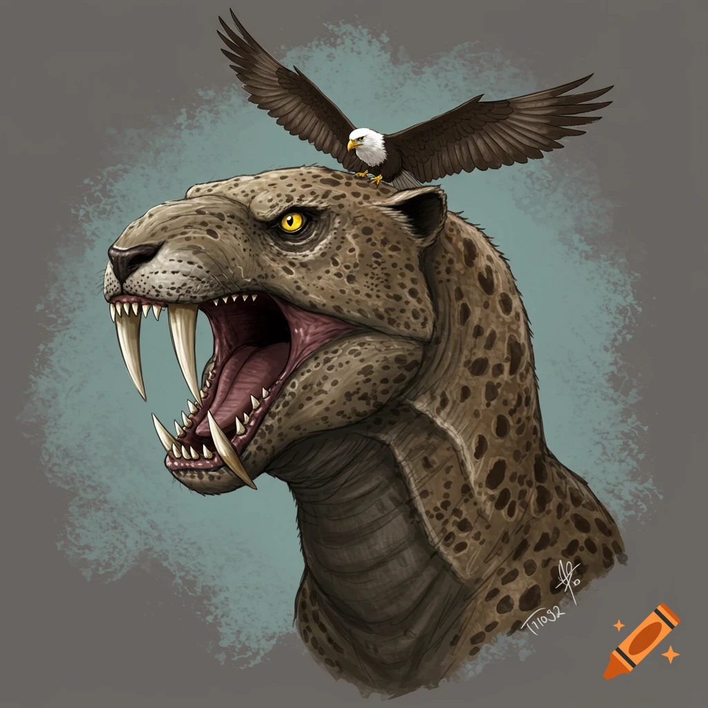 A fearsome creature, part sabertooth cat, part something else entirely, stands with an eagle perched regally upon its head.