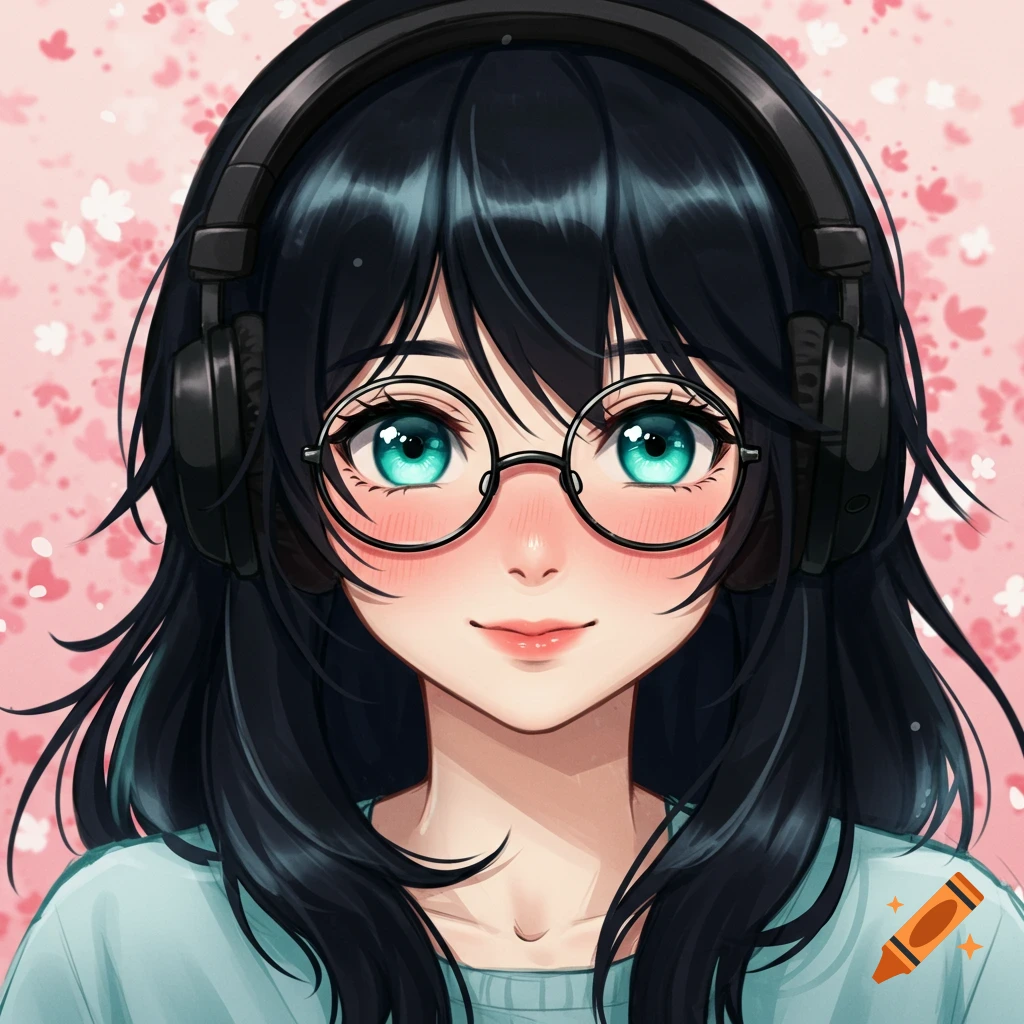 Anime girl with black hair, cyan eyes, glasses, and headphones smiling against a pink floral background.